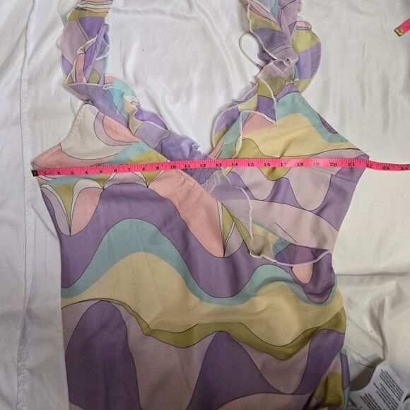 ASOS Design pastel kawaii ruffle asymmetric maxi dress in abstract print 14 - Picture 4 of 7